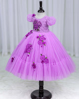 Net Puff Sleeve Embroidery Flower and Leaf Floral Full Gown - Lavender Pink(New)