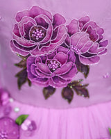 Net Puff Sleeve Embroidery Flower and Leaf Floral Full Gown - Lavender Pink(New)