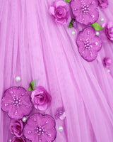 Net Puff Sleeve Embroidery Flower and Leaf Floral Full Gown - Lavender Pink(New)