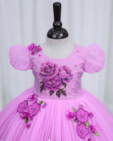 Net Puff Sleeve Embroidery Flower and Leaf Floral Full Gown - Lavender Pink(New)