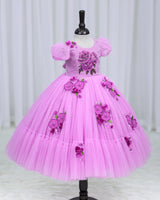 Net Puff Sleeve Embroidery Flower and Leaf Floral Full Gown - Lavender Pink(New)