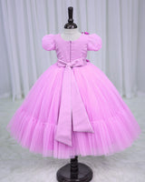 Net Puff Sleeve Embroidery Flower and Leaf Floral Full Gown - Lavender Pink(New)