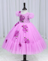 Net Puff Sleeve Embroidery Flower and Leaf Floral Full Gown - Lavender Pink(New)