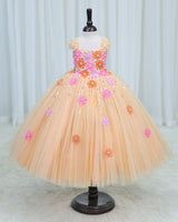 Net Cap Sleeve 3D Hand Crafted Flower Appliques Floral Full Gown - Sand Colour(New)