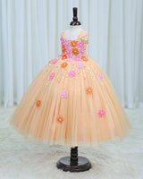 Net Cap Sleeve 3D Hand Crafted Flower Appliques Floral Full Gown - Sand Colour(New)