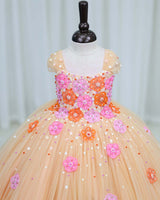 Net Cap Sleeve 3D Hand Crafted Flower Appliques Floral Full Gown - Sand Colour(New)