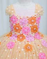 Net Cap Sleeve 3D Hand Crafted Flower Appliques Floral Full Gown - Sand Colour(New)