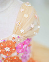 Net Cap Sleeve 3D Hand Crafted Flower Appliques Floral Full Gown - Sand Colour(New)