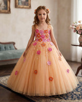 Net Cap Sleeve 3D Hand Crafted Flower Appliques Floral Full Gown - Sand Colour(New)(Bestseller)