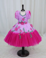 Beautiful Pink and Lavender Double Shaded Gown with Handcrafted Flowers and Small Leaves