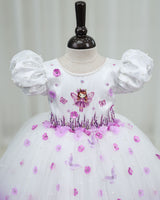 Net Puff Sleeve Aari & 3D Floral Embellished Fairy Full Length Gown - White & Lavender