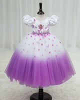 Net Puff Sleeve Aari & 3D Floral Embellished Fairy Full Length Gown - White & Lavender