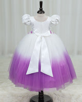 Net Puff Sleeve Aari & 3D Floral Embellished Fairy Full Length Gown - White & Lavender