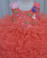 Coral Cute Ball Shape Frilled Gown with Hand Crafted Yoke