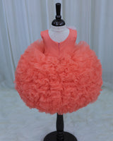 Coral Cute Ball Shape Frilled Gown with Hand Crafted Yoke