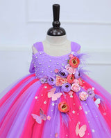 Dark Neon Pink & Lavender Gown Embellished with Beads & Pastel Flowers