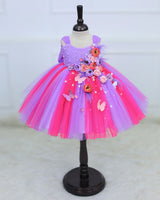 Dark Neon Pink & Lavender Gown Embellished with Beads & Pastel Flowers