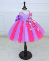 Dark Neon Pink & Lavender Gown Embellished with Beads & Pastel Flowers