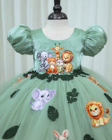 Sage Green Pumpkin Ball Sleeve Gown With Jungle Animal Prints And Leafy Tulle Skirt