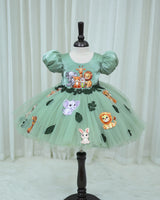 Sage Green Pumpkin Ball Sleeve Gown With Jungle Animal Prints And Leafy Tulle Skirt