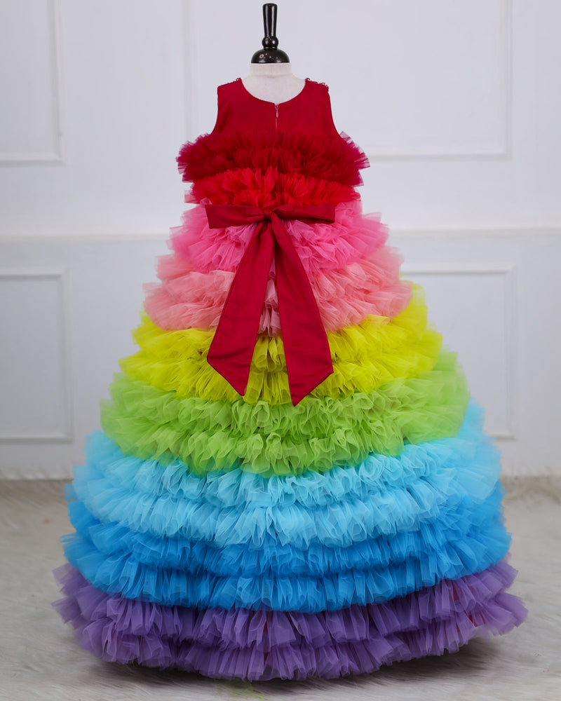 Hand crafted pink little heart with multi vibrant frilled gown