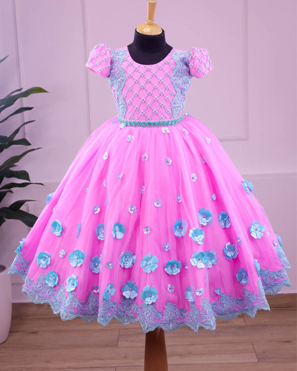 2-IN-1 heavy handcrafted pink and sky blue party gown
