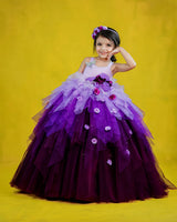 Lavender with purple color gradient asymmetrical layered gown with dragonfly applique