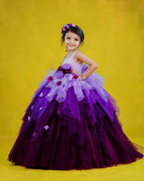 Lavender with purple color gradient asymmetrical layered gown with dragonfly applique