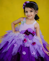 Lavender with purple color gradient asymmetrical layered gown with dragonfly applique