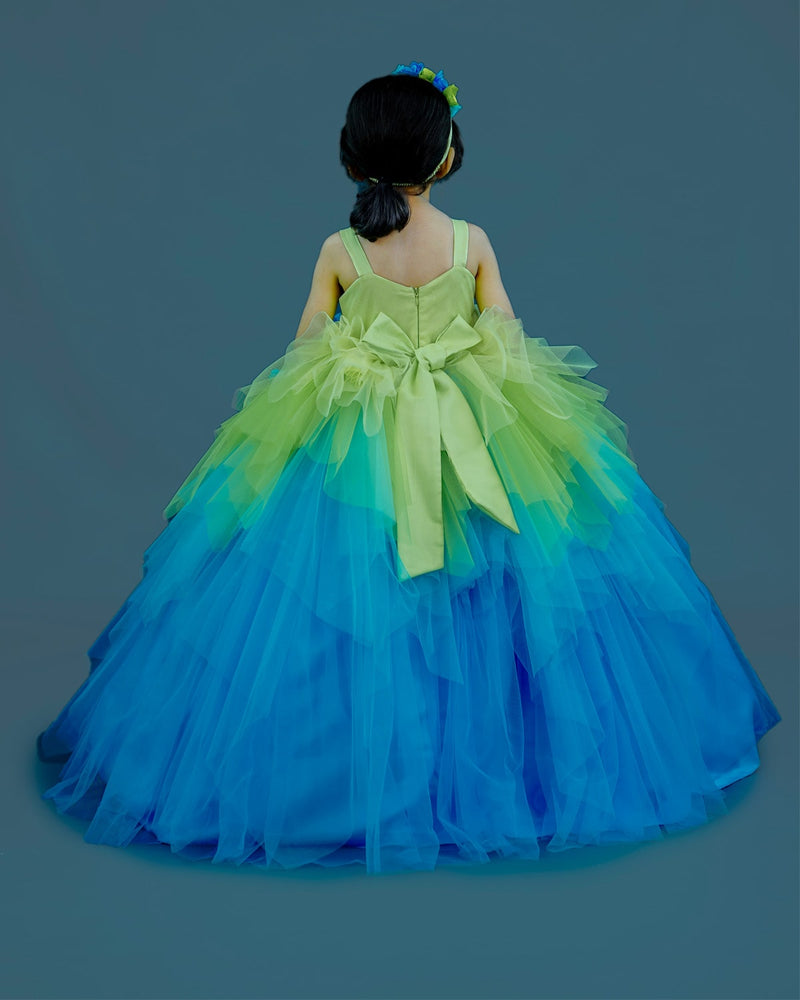 Kids Light Green and Blue Floral Theme Gown Online | Kids Floral Dress Online