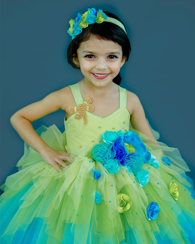 Kids Light Green and Blue Floral Theme Gown Online | Kids Floral Dress Online