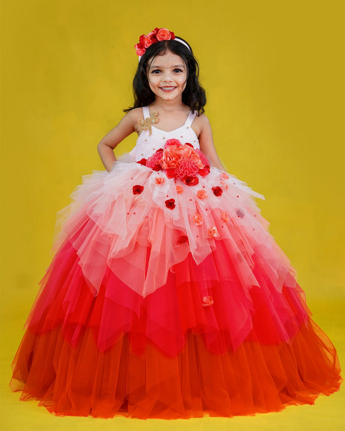 Peach and coral pink gradient asymmetrical layered gown with dragonfly applique for baby girls