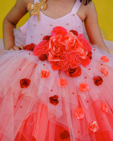 Peach and Coral Pink Color Asymmetrical Layered Gown Online | Kids Party Wear Online