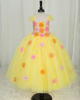 Net Cap Sleeve 3D Hand Crafted Flower Appliques Floral Full Gown - Yellow(New)(Bestseller)