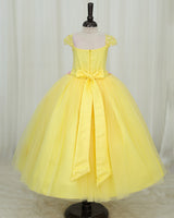 Net Cap Sleeve 3D Hand Crafted Flower Appliques Floral Full Gown - Yellow(New)(Bestseller)