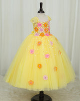 Net Cap Sleeve 3D Hand Crafted Flower Appliques Floral Full Gown - Yellow(New)(Bestseller)