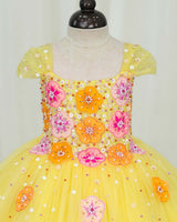 Net Cap Sleeve 3D Hand Crafted Flower Appliques Floral Full Gown - Yellow(New)(Bestseller)