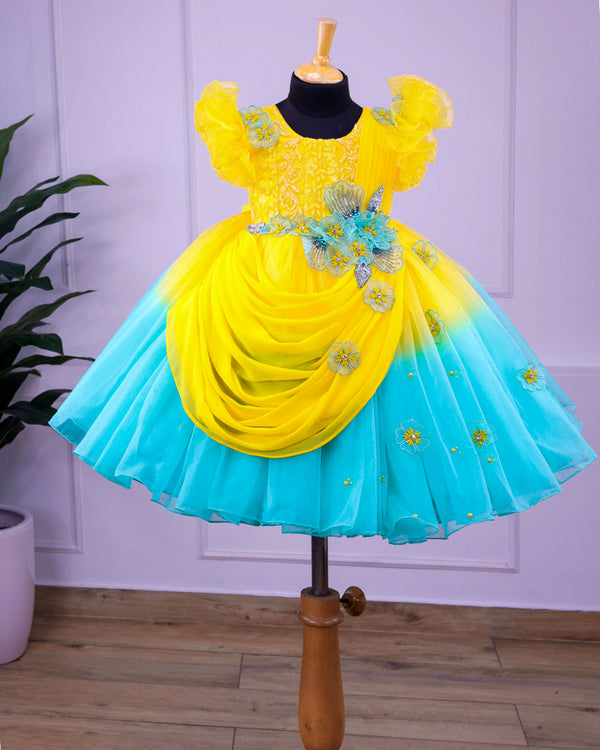 Yellow And Aqua blue Color Gradient Organza Draped Gown With Waist Handwork