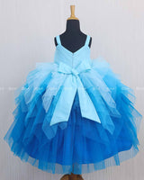 Baby Blue with Sea Blue Color Gradient Asymmetrical Layered Gown with Rose Applique.