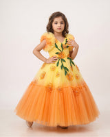 Beautiful Orange and Yellow Double Shaded Gown with Handicrafted Flowers and Leaves