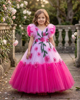 Beautiful Pink and Lavender Double Shaded Gown with Handcrafted Flowers and Leaves