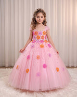 Net Cap Sleeve 3D Hand Crafted Flower Appliques Floral Full Gown - Baby Pink(New)
