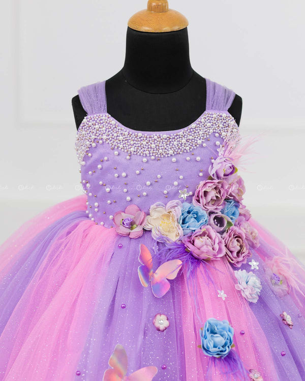 Pink & Lavender Ball Gown Embellished with Pearls & Pastel Flowers