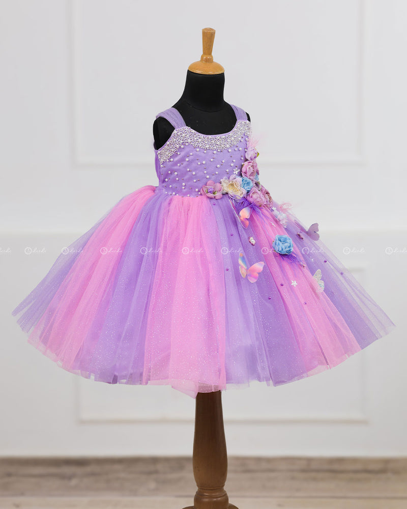 Pink & Lavender Ball Gown Embellished with Pearls & Pastel Flowers