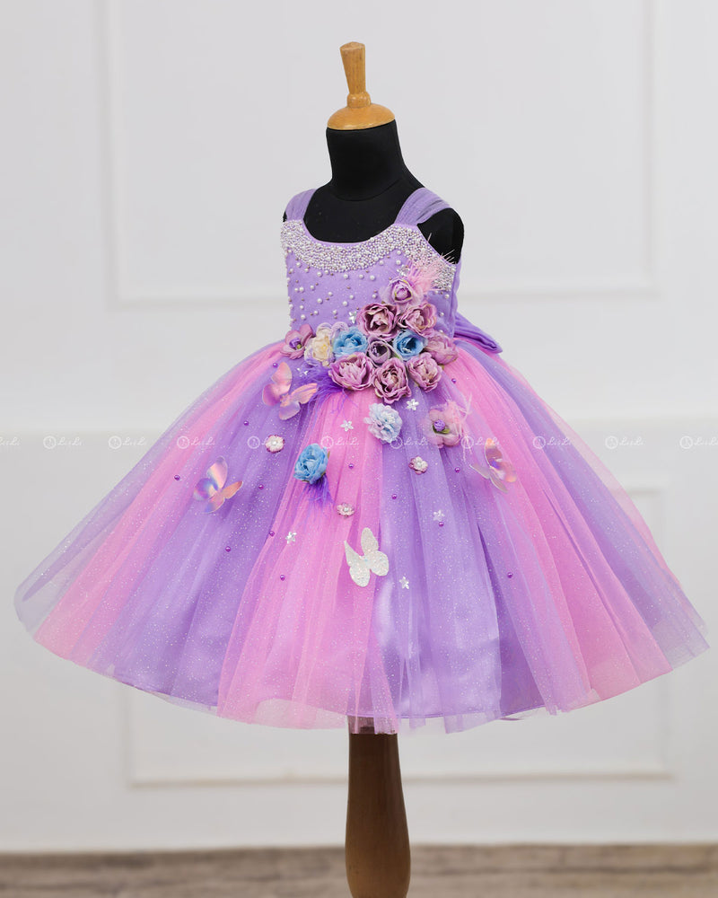 Pink & Lavender Ball Gown Embellished with Pearls & Pastel Flowers