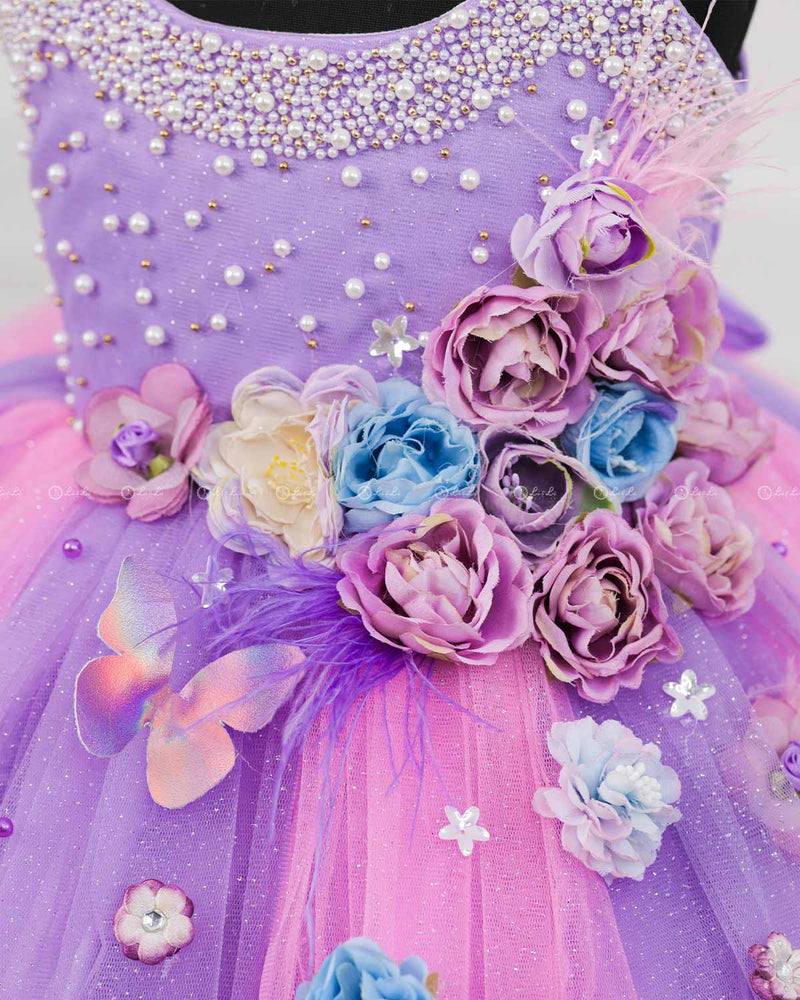 Pink & Lavender Ball Gown Embellished with Pearls & Pastel Flowers