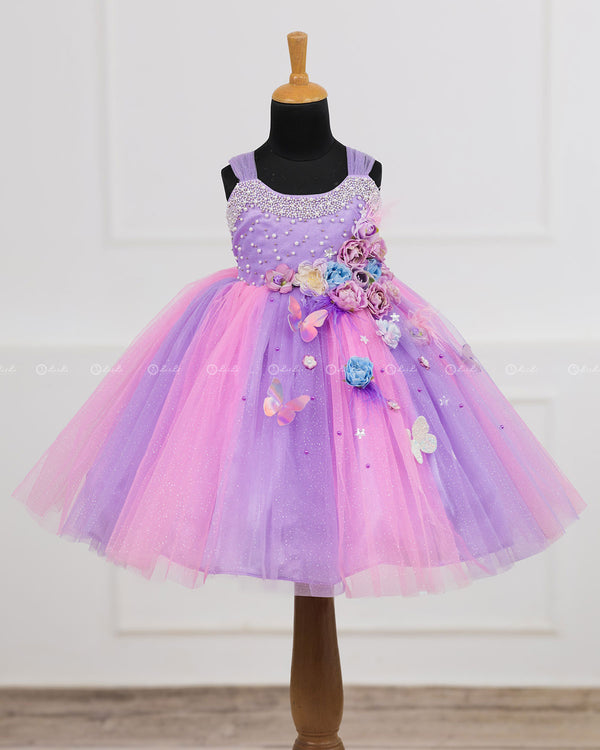 Pink & Lavender Ball Gown Embellished with Pearls & Pastel Flowers