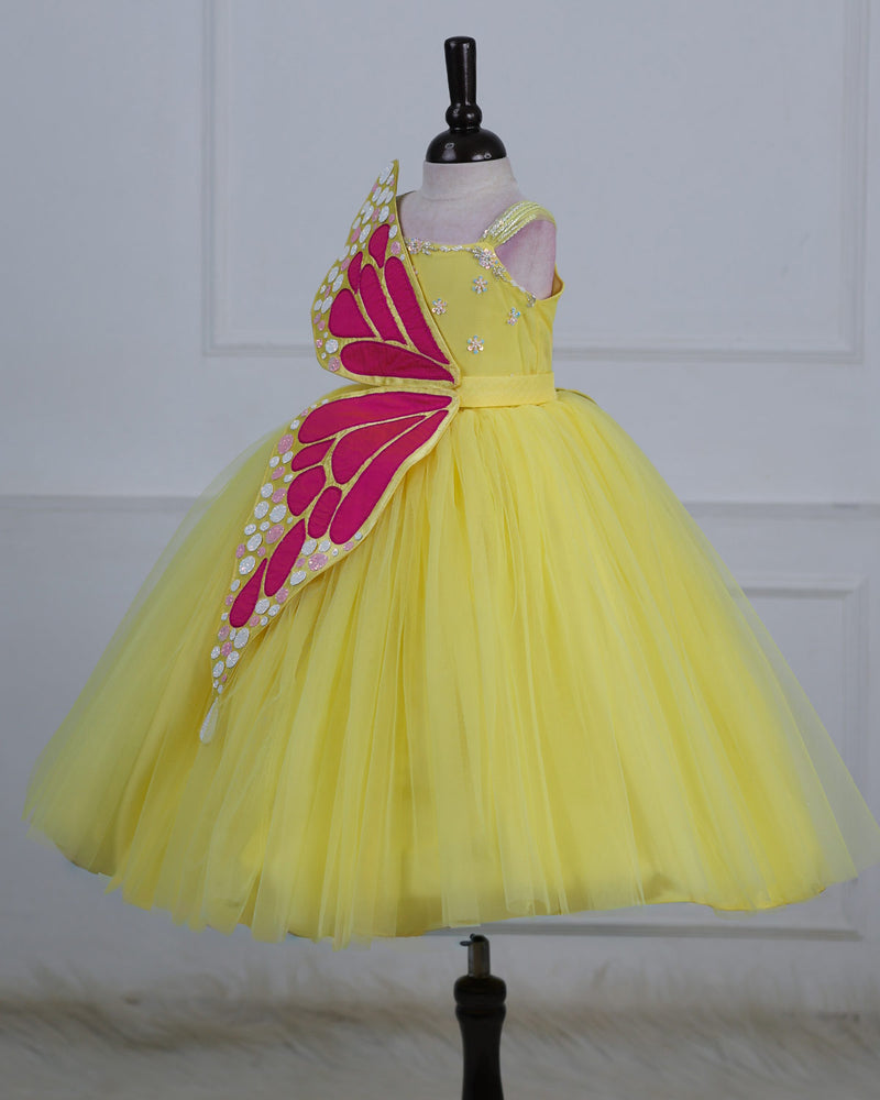 Monarch Butterfly Theme Gown in Macaron Yellow Colour with Detachable Wings and Belt