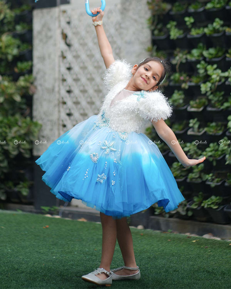 Sky Blue and Sea Blue Double Shaded Aqua Marine Theme Gown with Heavy Bead Patches