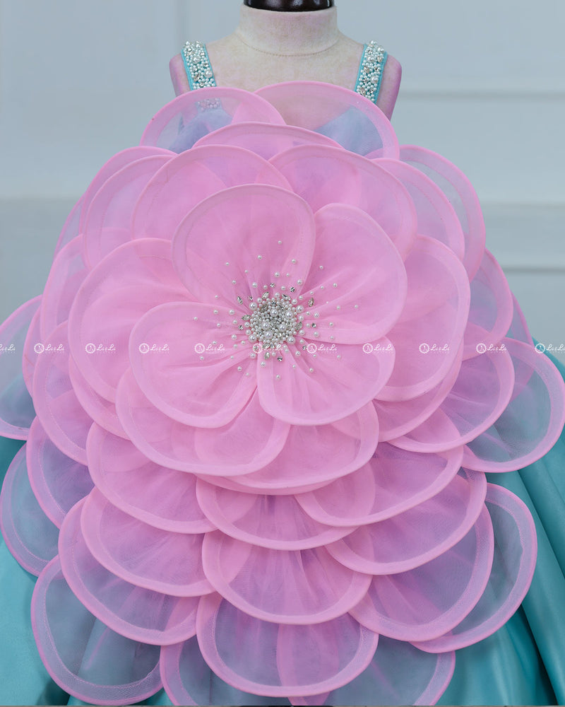 Pink and Sky blue Gown Highlighted with Hand Embellished Flower Petals.